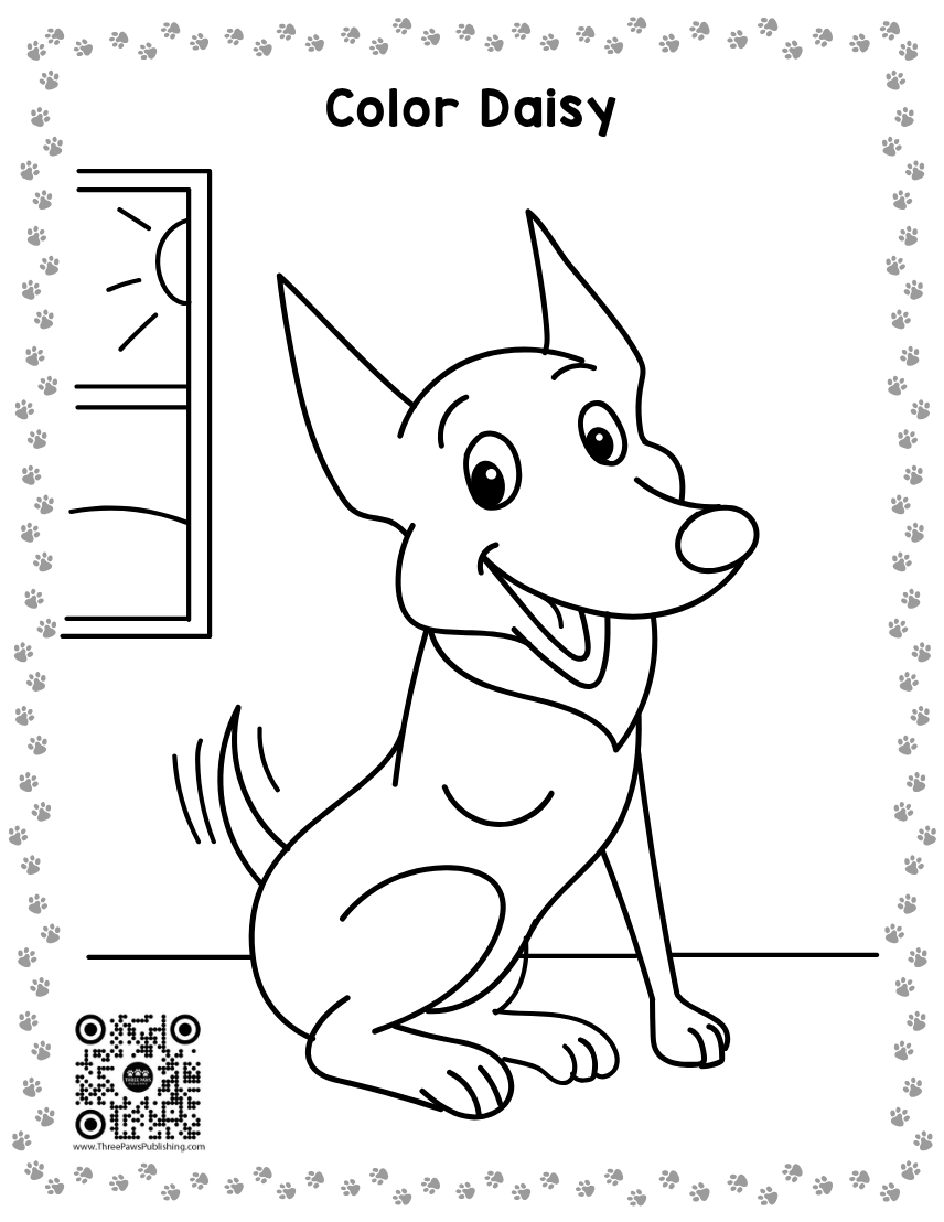 Cover of the Daisy Activity Book: a Color Daisy page showing Daisy the cartoon dog sitting by a sunny window, framed by a border of paw prints.