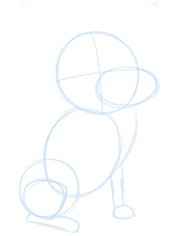 Very faint blue sketch of Daisy showing only the basic head, body, and limb shapes with minimal detail.