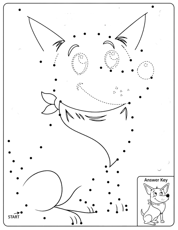 Connect-the-dots worksheet of Daisy the dog with numbered dots, a START arrow, and a small answer key showing the finished drawing.