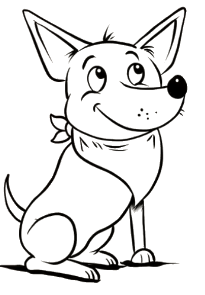 Daisy, a smiling cartoon dog with big pointed ears and a bandana, sitting and looking up.