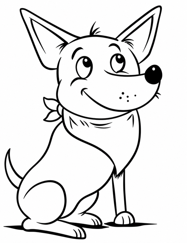 Full-page coloring sheet of Daisy the cartoon dog sitting with a bandana, ready to be colored in.