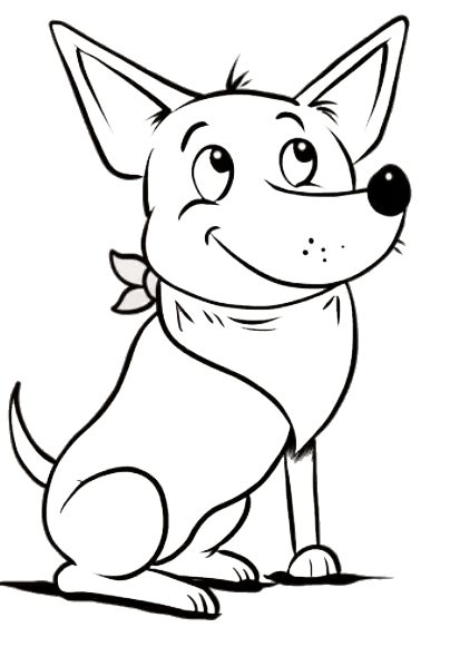 Black and white line drawing of Daisy, a smiling cartoon dog with big pointed ears and a bandana, sitting and looking up.