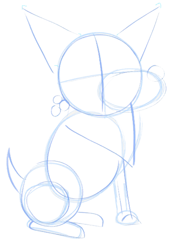 Light blue construction sketch of Daisy with circles for the head and body, lines marking the face, and guide shapes for the ears, legs, and tail.